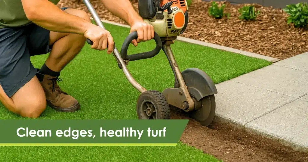 Lawn edging tool in use, trimming turf neatly along pavement.
