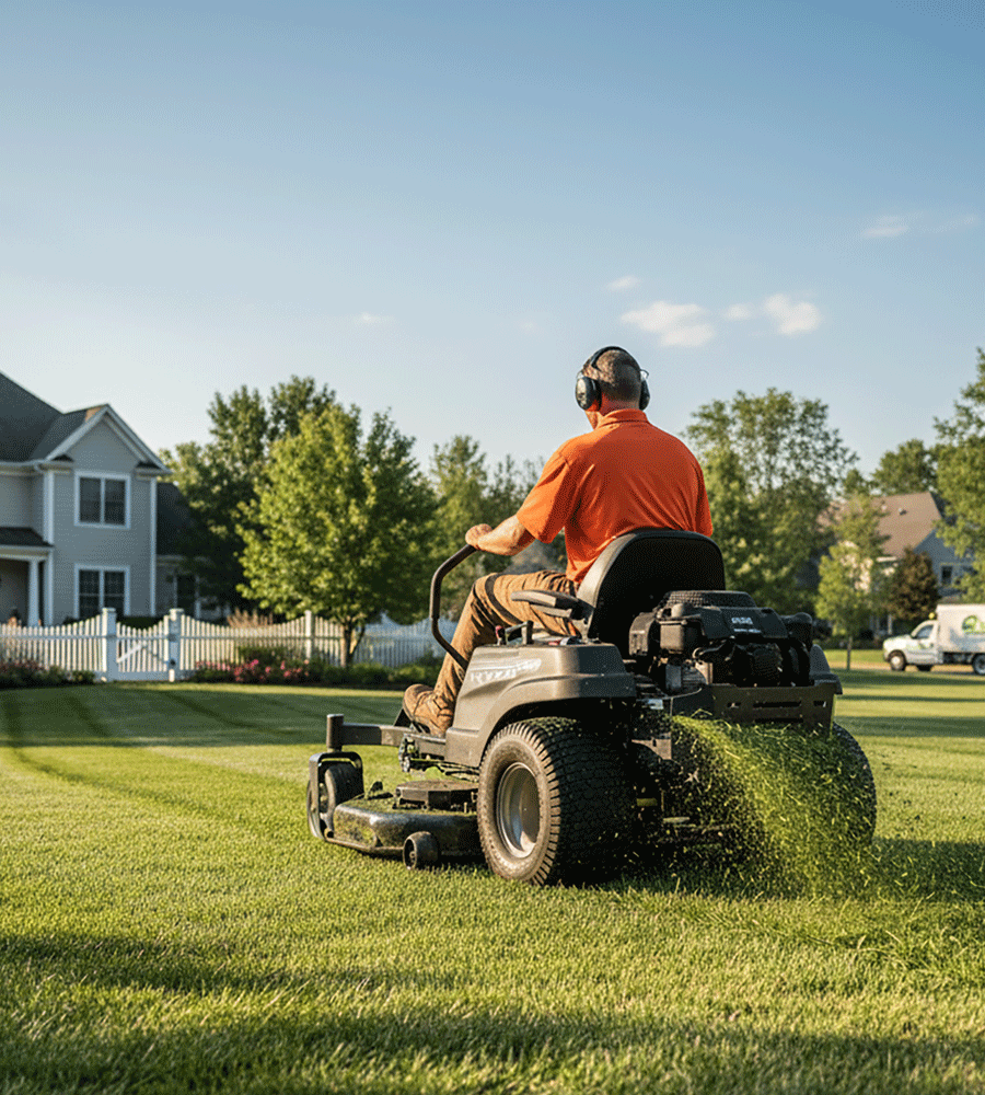 Gardener on ride-on mower providing residential lawn mowing service in Auckland backyard.
